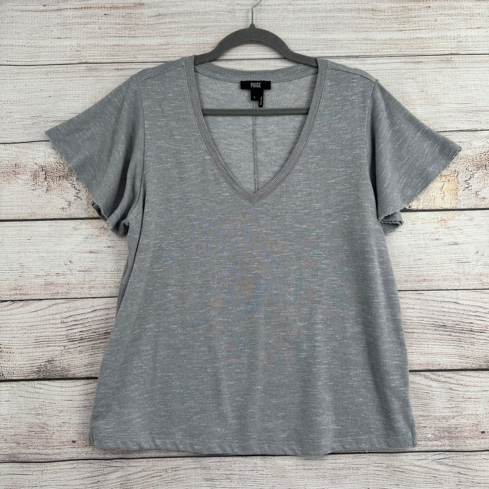Paige V-Neck Top Women Large Grey Flutter Sleeve Raw Hem Heathered Knit